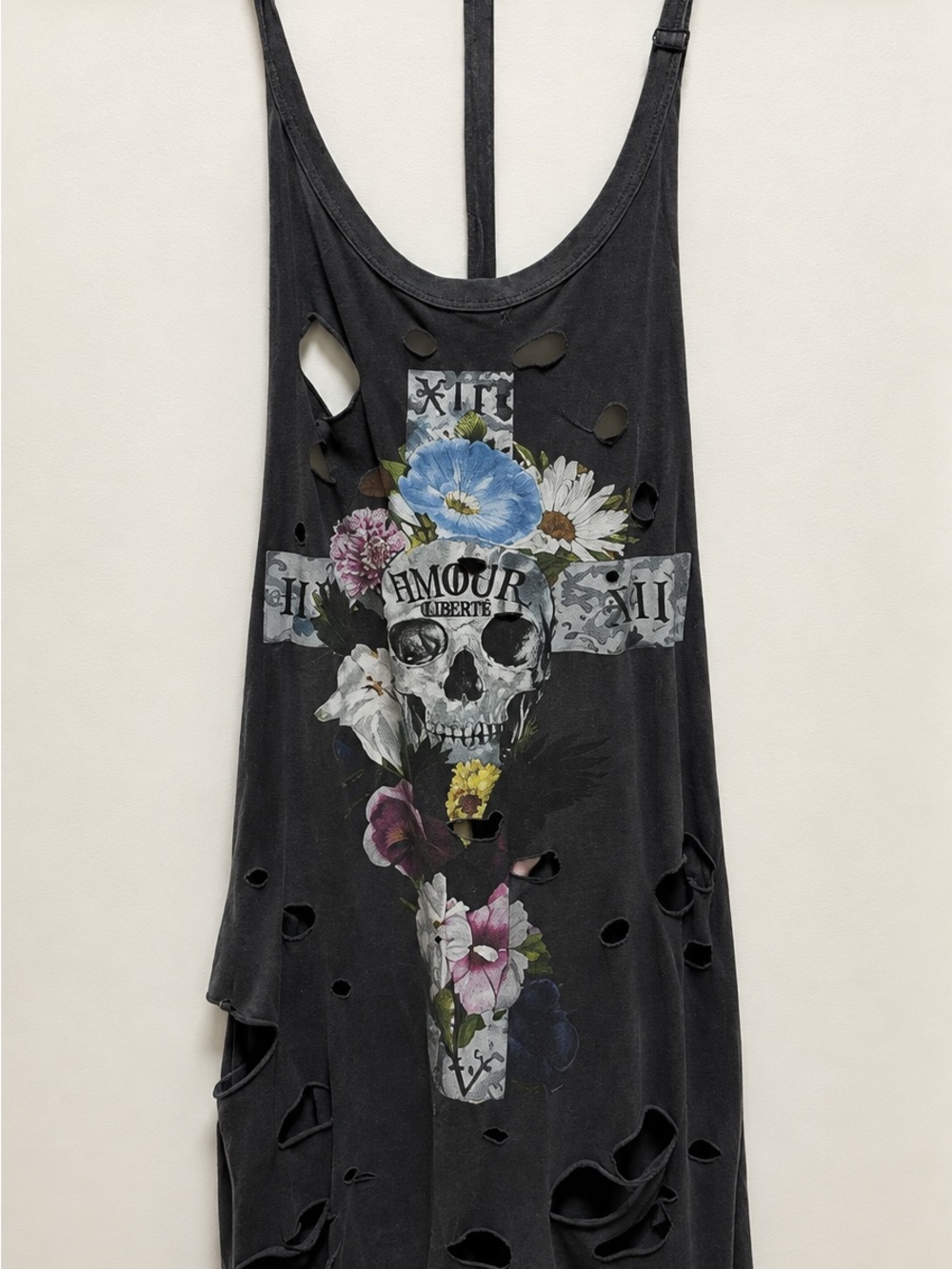Distressed Black Floral Skull Tank Top